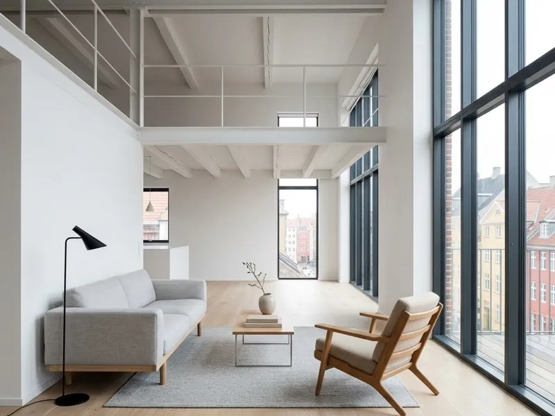 Bright loft interior with tall north facing windows