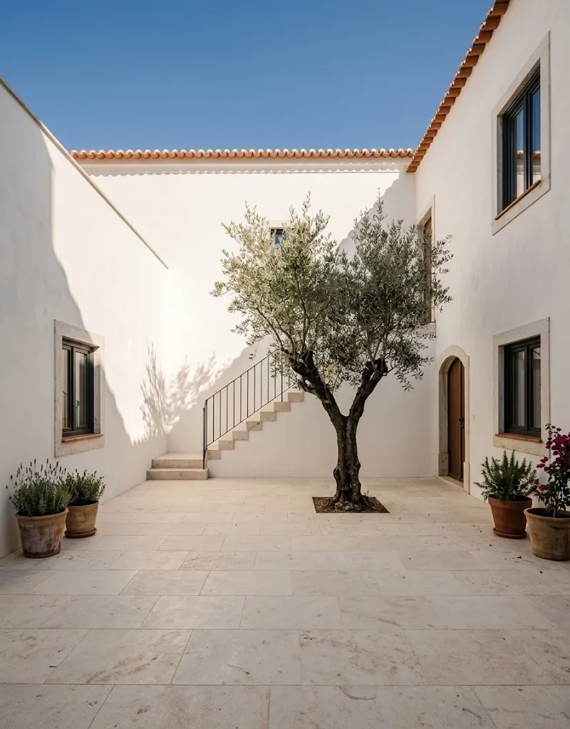 Quiet courtyard with pale stone paving