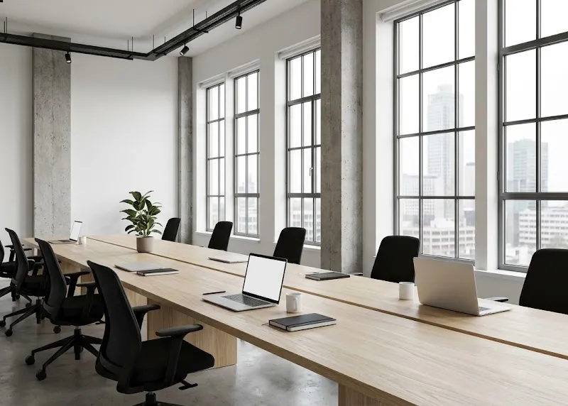 Minimal office interior with long shared desk