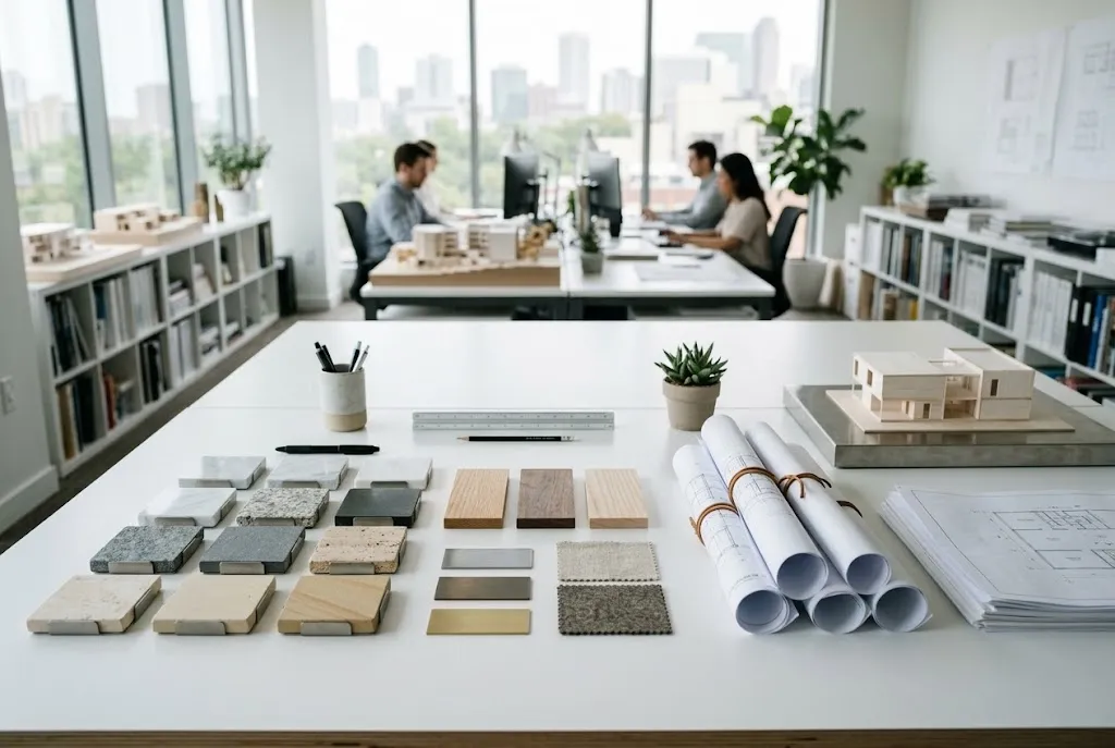 Open architecture studio workspace with drawings on the wall