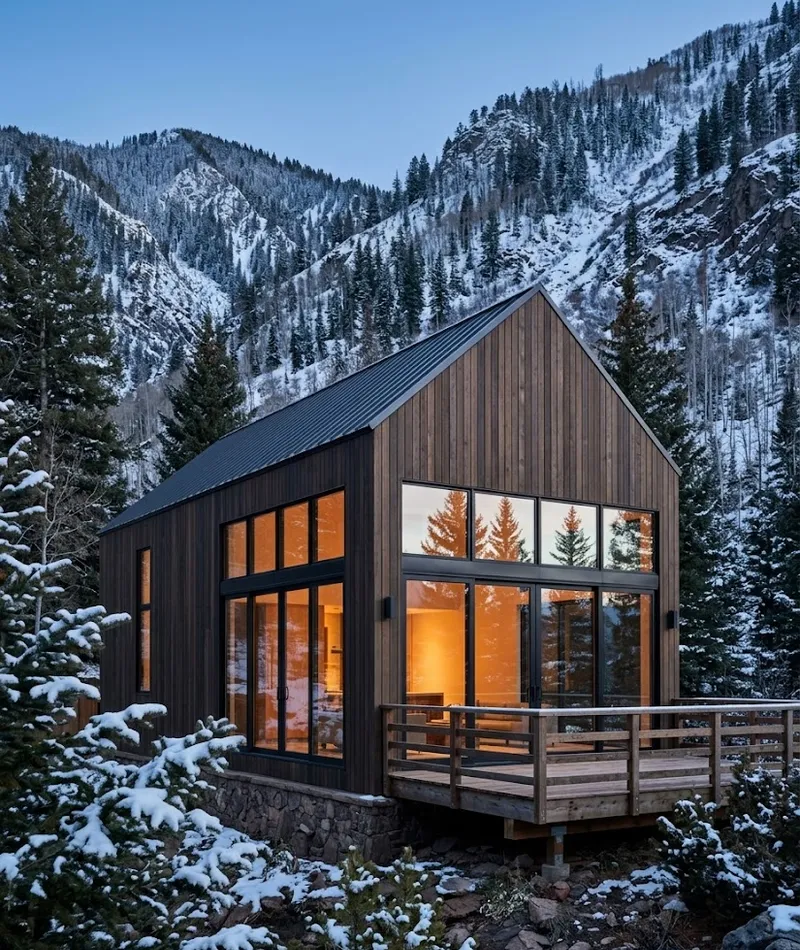 Timber cabin facade against a mountain slope